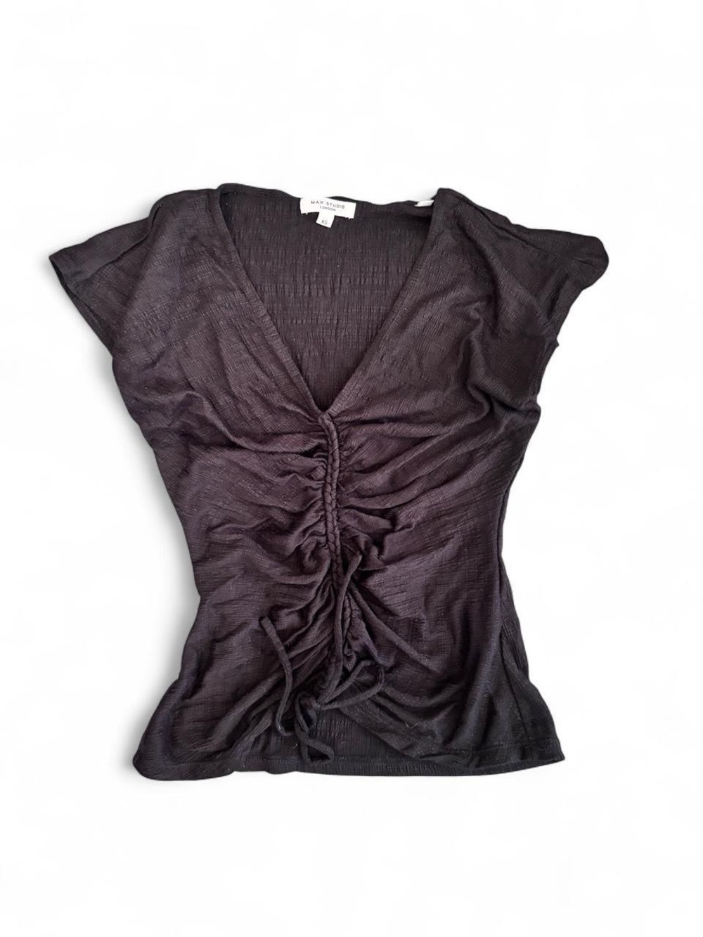 Max Studio Black Strapless Ruched Top | Boho Tie Front Y2K Blouse